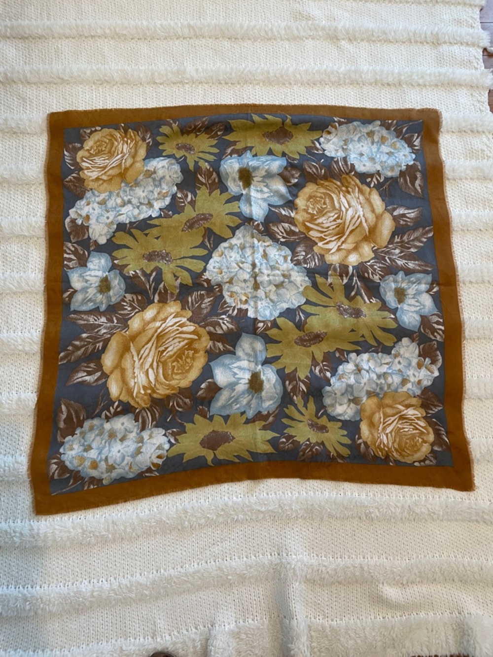 Vintage Italian Elaine Gold Floral Scarf grey blue cottage core square wrap